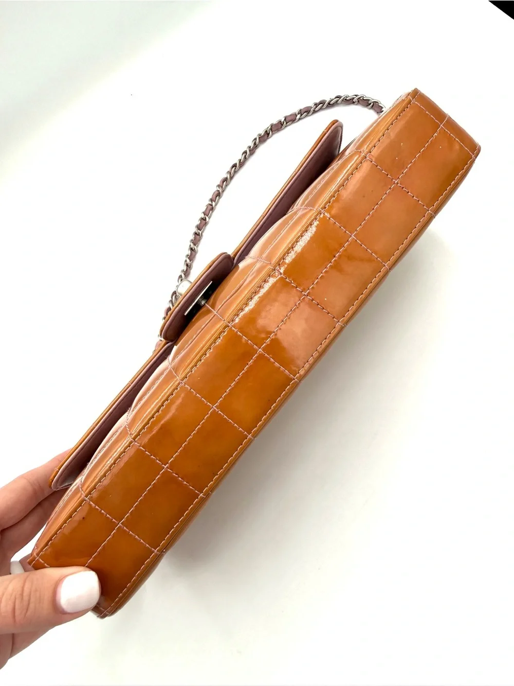CHANEL Quilted Orange Patent Leather Chocolate Bar CC Flap Bag